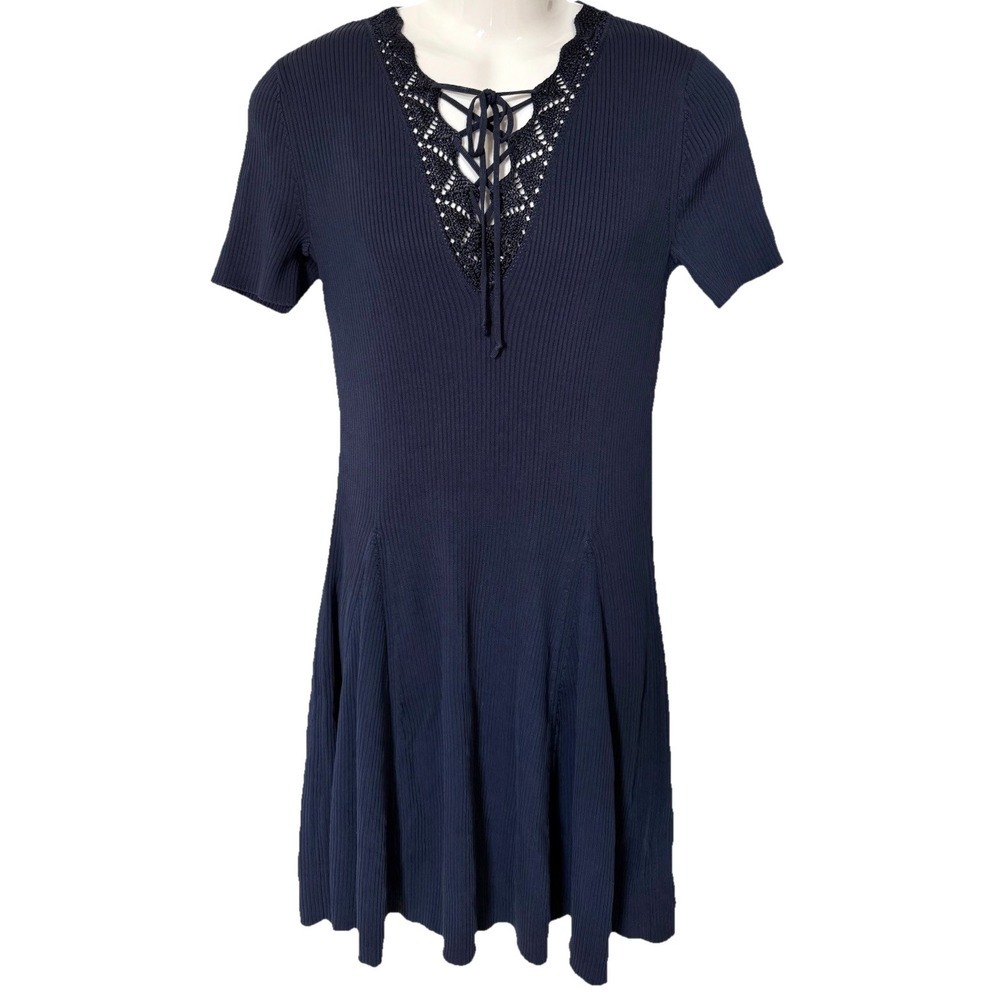Lauren Ralph Lauren Dress Womens L Blue Lace Trim Rib Knit Godets Stretchy